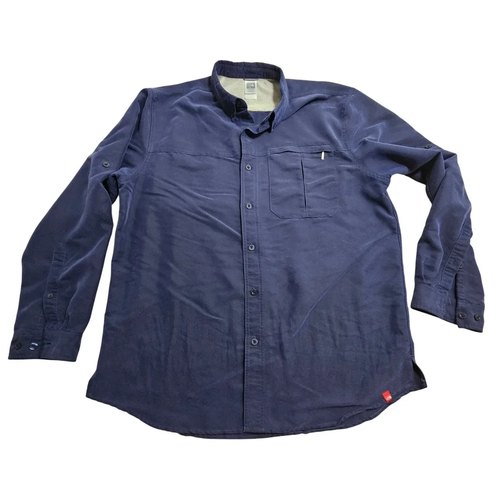 The North Face Tekware Button Up Shirt Mens XL Navy Blue Roll Tab Long Sleeve